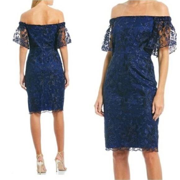 Trina Turk Dresses & Skirts - Trina Turk Blue Black Lace Off The Shoulder Sheath Dress Size 2 New